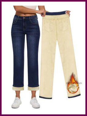 Fleece Lined High Waisted Straight Leg Jeans Winter Warm Stretch Denim